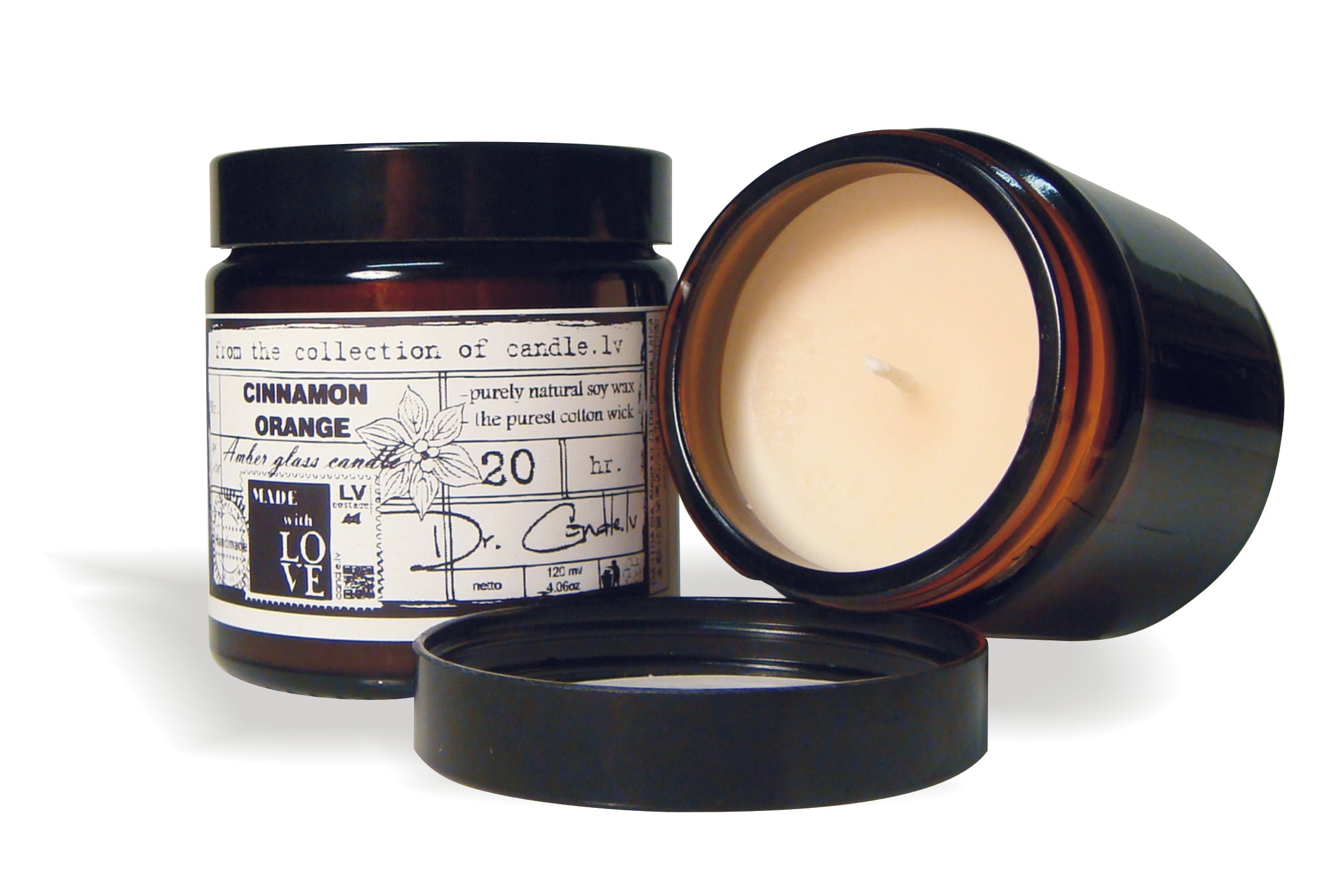Gartda sojas vaska svece ar kokvilnas dakti tumšā stikla trauciņā un kanēļa / apelsīna ēterisko eļļu, 120ml
