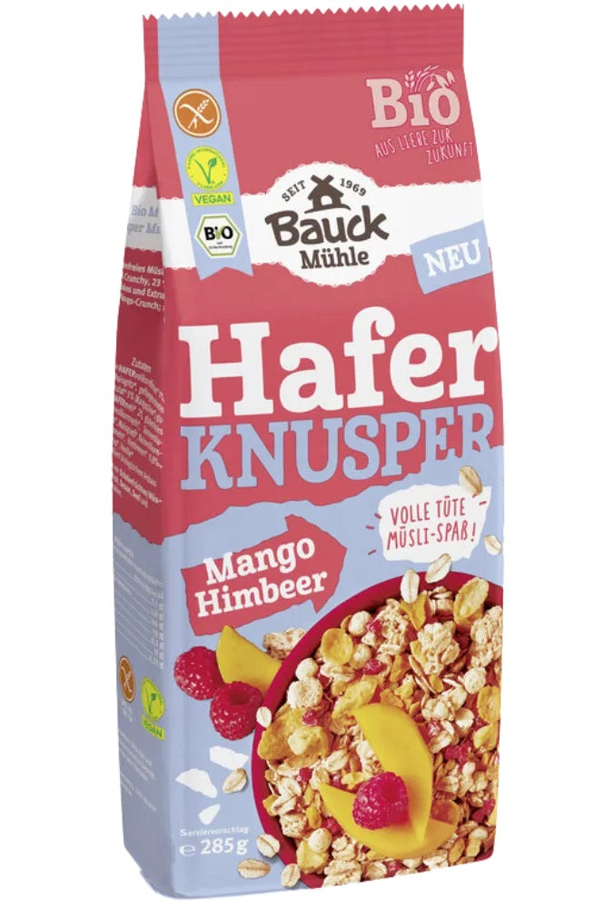Bauckhof Muhle BIO bezglutēna kraukšķīgas auzu pārslu sausās brokastis ar mango un avenēm, 285g