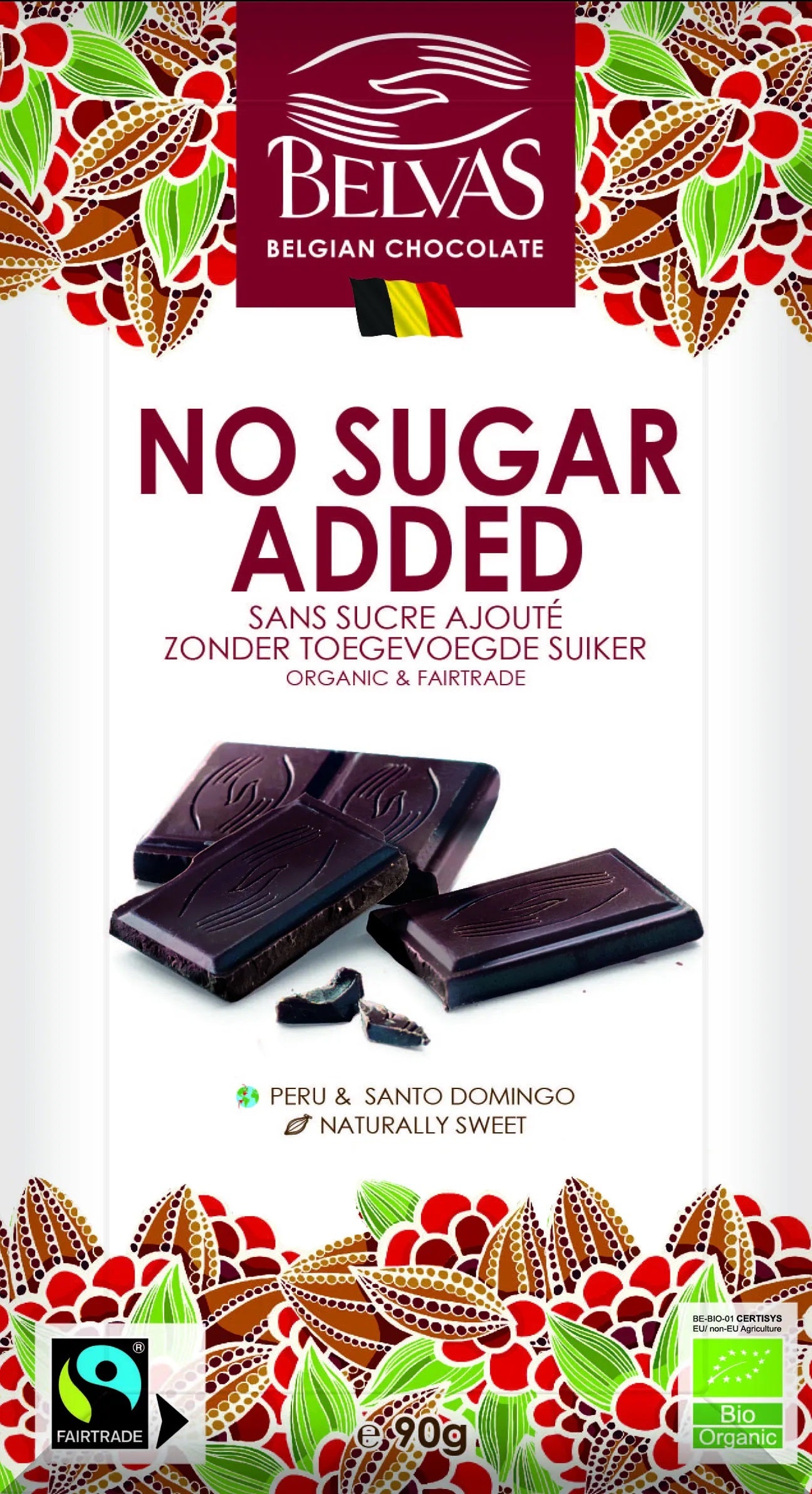 Belvas BIO tumšā šokolāde, bez pievienota cukura, 90g