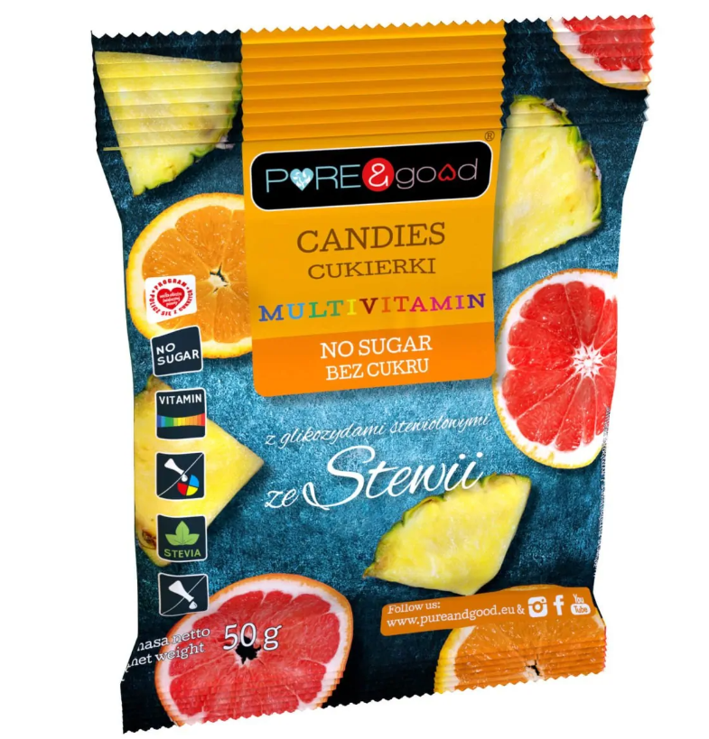 Pure&good multivitamīnu konfektes ar citrusaugļu garšu, bez pievienota cukura, 50g