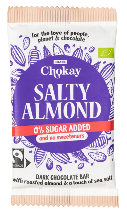 Chokay tumšā šokolāde ar mandelēm un jūras sāli, bez pievienota cukura un saldinātājiem, 70g