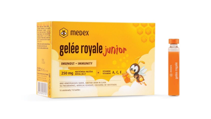 Medex uztura bagātinātājs bērniem Gelée royale Junior - Bišu māšu peru pieniņš + vitamīni A, C un E, 10 x 9ml