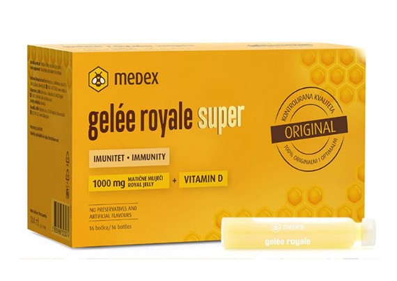 Medex uztura bagātinātājs Gelée Royale Super + D3 - Bišu māšu peru pieniņš un vitamīns D šķīdumā, 16 x 9ml