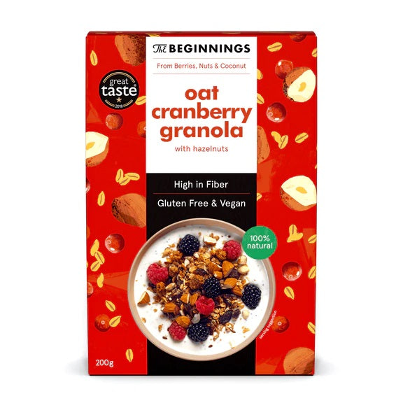 The Beginnings bezglutēna auzu pārslu granola ar lazdu riekstiem un dzērvenēm, 200g
