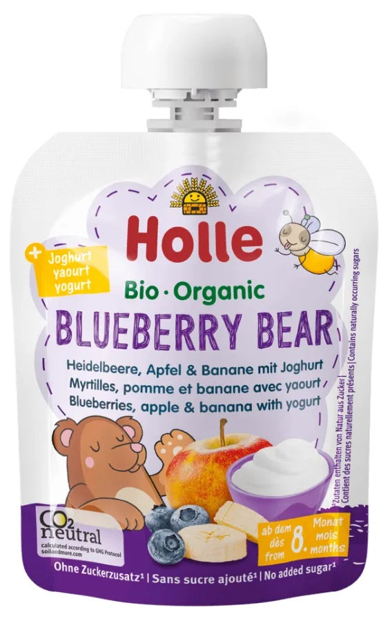 Holle BIO augļu biezenis melleņu, ābolu un banānu ar jogurtu Blueberry Bear, zīdaiņiem no 8 mēn. 85g