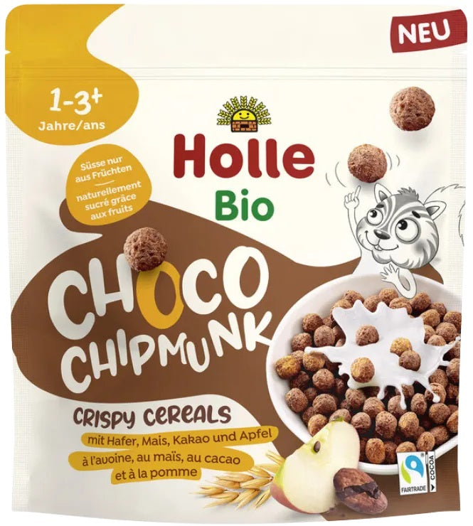 Holle BIO kraukšķīgās sausās brokastis ar kakao Choco Chipmunks, bez pievienota cukura, 125g