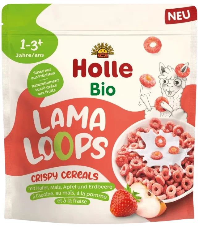 Holle BIO kraukšķīgās sausās brokastis ar zemenēm Lama Loops, bez pievienota cukura, 125g