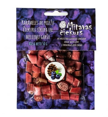 Mītavas čiekurs karameles ar priežu čiekuru sīrupa un melleņu garšu, 50g