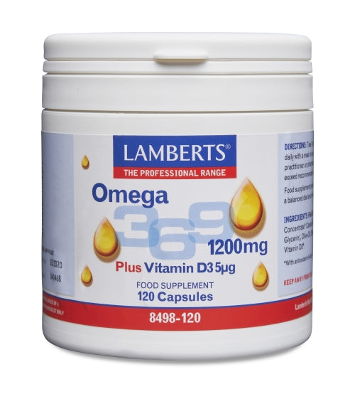 Lamberts uztura bagātinātājs Omega 3-6-9 1200 mg + Vitamīns D3 5 µg, 120 kaps.
