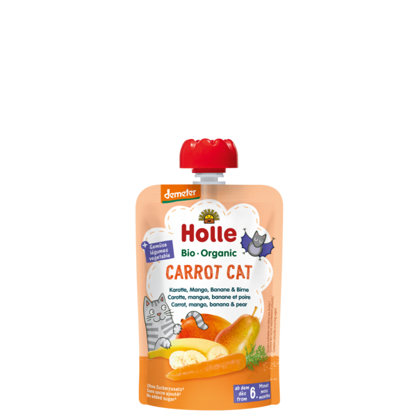 Holle BIO burkānu, mango, banānu un bumbieru biezenis “Carrot Cat” no 6mēn., 100g