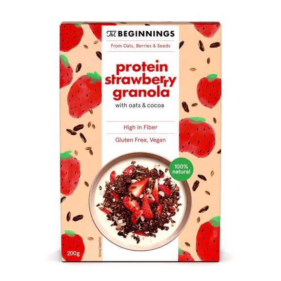 The Beginnings bezglutēna auzu pārslu granola ar zemenēm, kakao un proteīnu, 200g