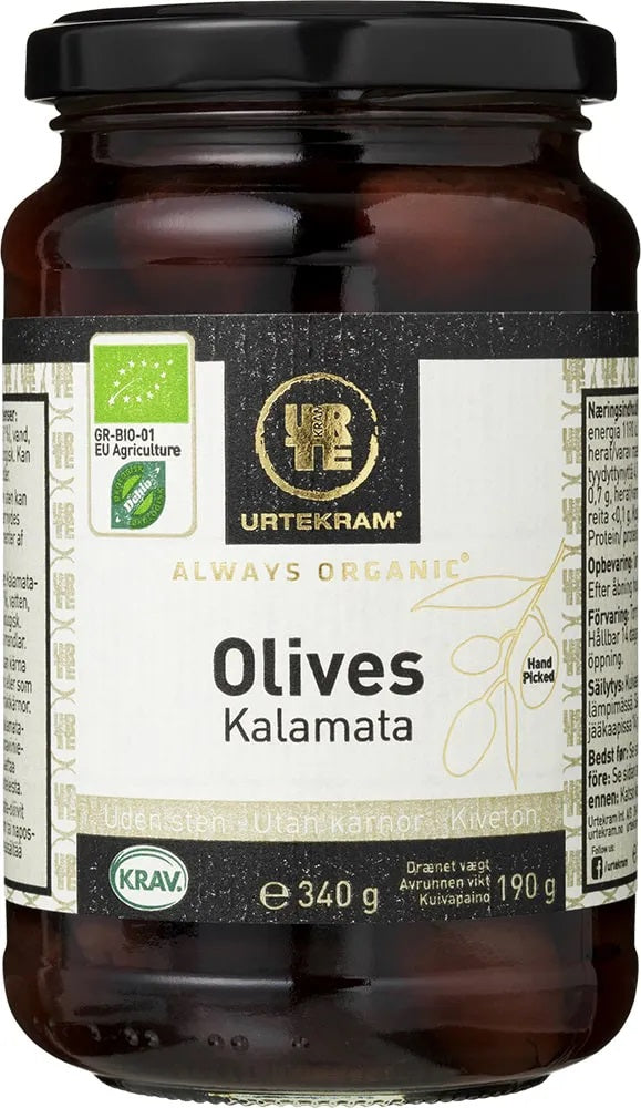 Urtekram Food BIO Kalamata olīvas bez kauliņiem sālījumā, 340g