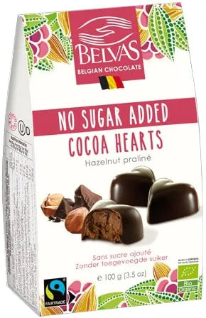 Belvas BIO šokolādes sirsniņas ar pralinē pildījumu, bez pievienota cukura, 100g