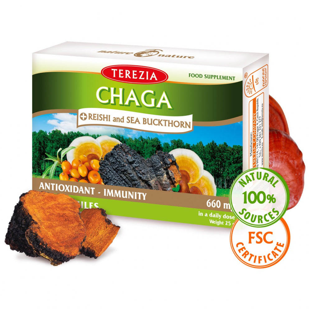 Terezia uztura bagātinātājs CHAGA + REISHI and SEA BUCKTHORN (ar čagu, reiši un smiltsērkšķiem), 60 kaps.
