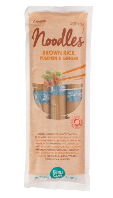 Terrasana BIO brūno rīsu nūdeles ar ķirbi un ingveru bez glutēna, 250g