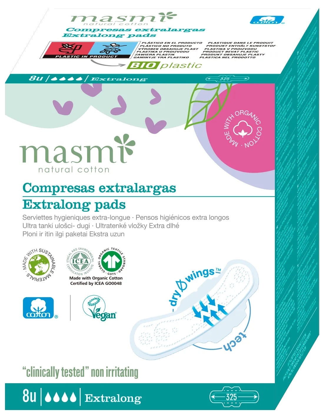 Masmi higiēniskās kokvilnas paketes plānas, īpaši garas, 8gb.