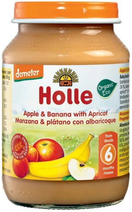 Holle BIO ābolu, banānu un aprikožu biezenis no 6 mēn. vecuma, 190g