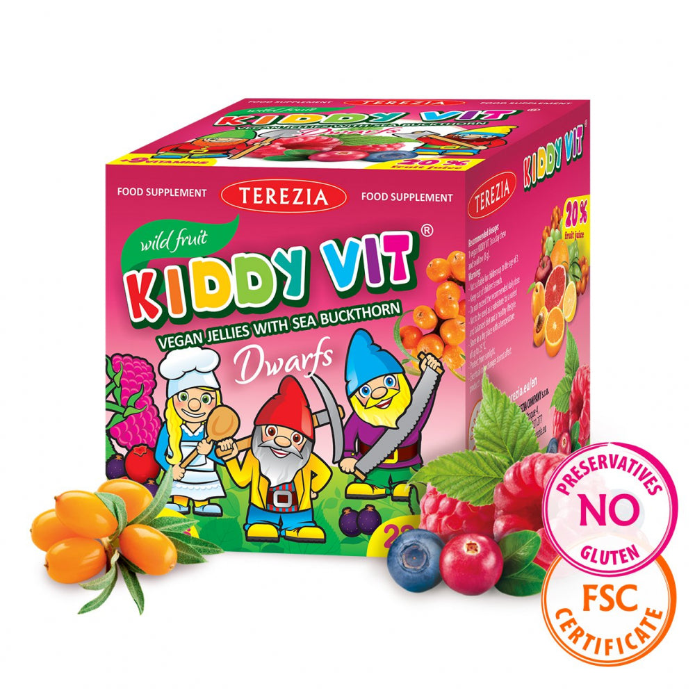 Terezia uztura bagātinātājs bērniem KIDDY VIT rūķīši (vegāniskas multivitamīnu želejas pastilas ar smiltsērkšķiem), 90gb.