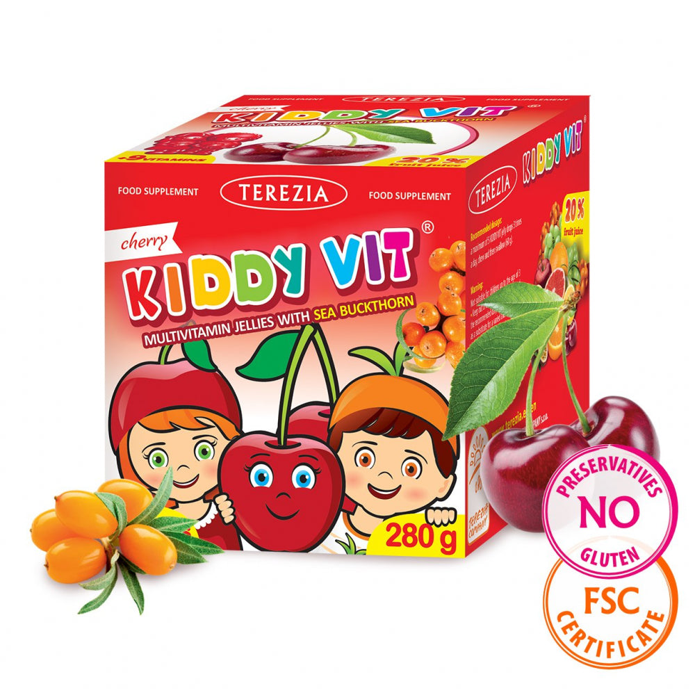 Terezia uztura bagātinātājs bērniem KIDDY VIT ķiršu (multivitamīnu želejas figūriņas ar smiltsērkšķiem), 70gb.