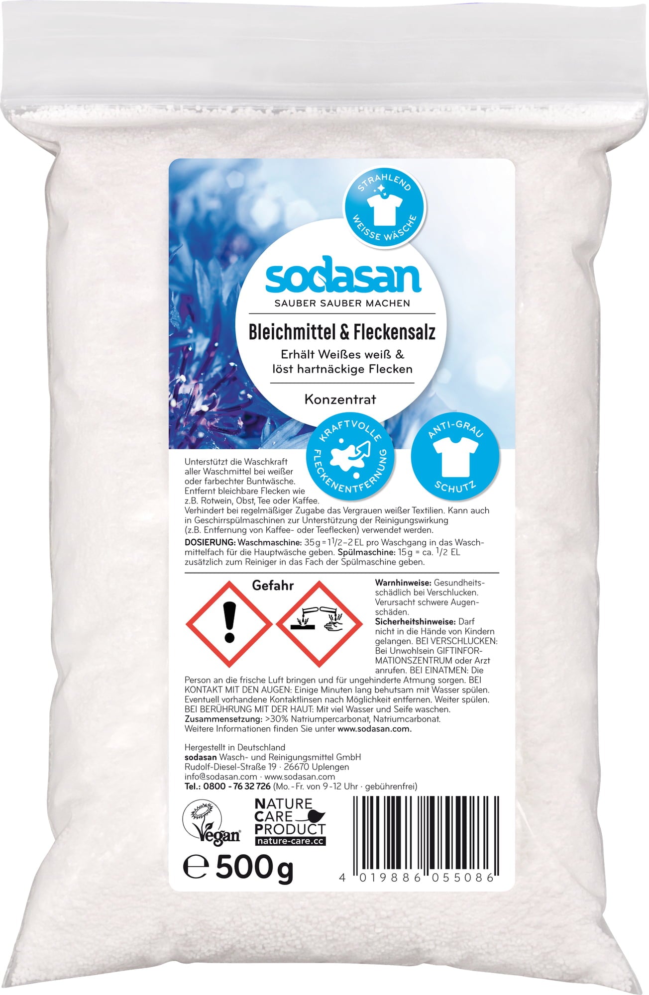 Sodasan balinātājs un traipus tīrošais sāls maisiņā, 500g