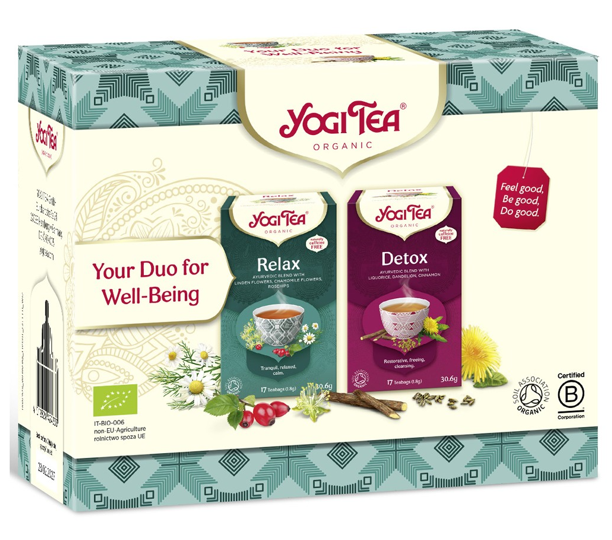 Yogi Tea BIO dāvanu komplekts Nomierinošā tēja + Organisma attīrīšanas tēja, 34pac./61,2g